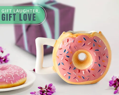 Vista 7 de Comfify Taza de cerámica con forma de dona – Esmalte rosa con chispas – Divertida cita "MMM... Donuts!" – Taza de café de 14 onzas para té