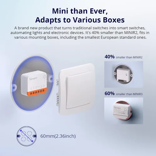 Vista 3 de SONOFF MINIR4 10A Interruptor de luz inteligente WiFi extremo inalámbrico, módulo universal DIY para solución de automatización del hogar