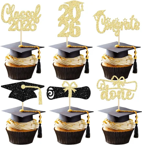 Vista 25 de Paquete de 24 adornos para cupcakes de clase 2026 con purpurina 2026 Felicidades Graduación Diploma Done Cupcake Picks 2026 Graduación Temática