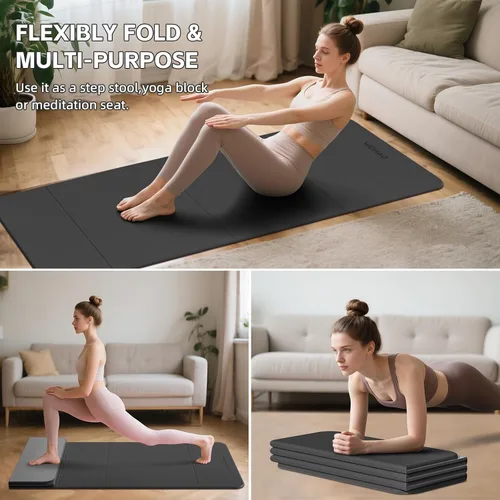 Vista 6 de Estera de Yoga de 7 Pliegues 177.8x61 cm - 1.27 cm de Grosor Estera de Ejercicio Plegable, Compacta Antideslizante de TPE para Viaje Negro + gris