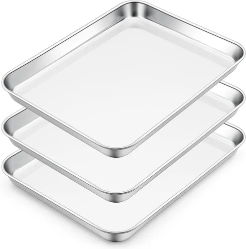 Vista 25 de E-far Mini bandeja para horno tostador, bandeja para hornear galletas de acero inoxidable de 9.4 x 7.3 pulgadas, bandeja pequeña de metal no tóxico