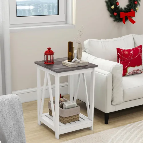 Vista 11 de Mesa auxiliar cuadrada de granja, mesa auxiliar con diseño de listones, mesa auxiliar de sofá con marco resistente para sala de estar, gris oscuro