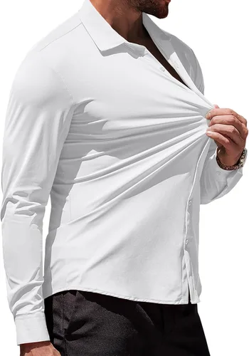 Vista 2 de COOFANDY Camisas de vestir ajustadas para hombre, sin arrugas, manga larga, casuales, con botones