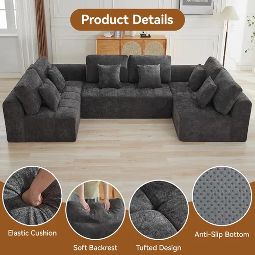 Vista 20 de Sofás seccionales modulares de 110 pulgadas para sala de estar, sofá seccional comprimido sin hueso, sofá de espuma viscoelástica tapizado de 3 Beige