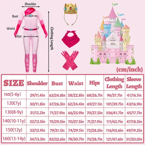 Vista 5 de Disfraz de princesa melocotón para niñas, disfraz de princesa melocotón de Super Brothers con accesorios para Halloween