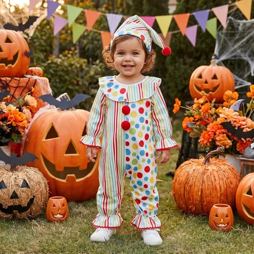 Vista 2 de Adobabirl Toddler Baby Halloween Clown Costume Long Sleeve Romper with Hat Blanco