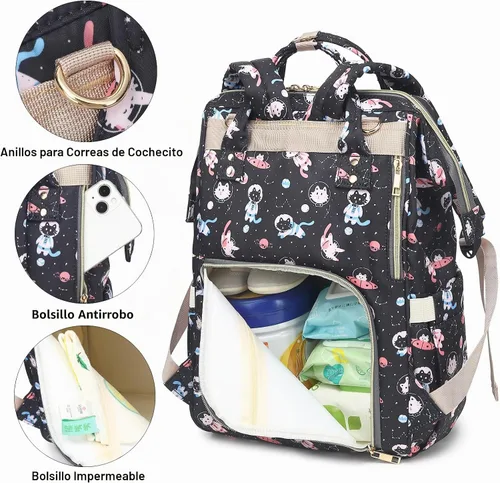 Vista 3 de Mochila para pañales para bebé, mochila de gran capacidad, impermeable, para maternidad, viajes, con correas para cochecito, Gato, Classic