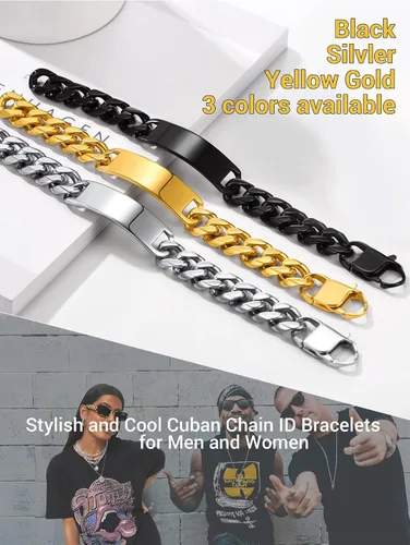 Vista 6 de PROSTEEL Pulsera de acero inoxidable para hombres y mujeres, elegantes pulseras de eslabones cubanos, chapado en oro negro de 18 quilates, ancho