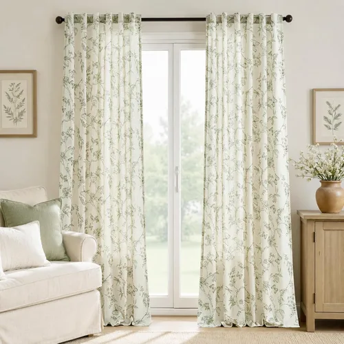 Vista 2 de Lazzzy Cortinas de lino floral verde con bolsillo para barra de granja, 50 Charlotte Verde
