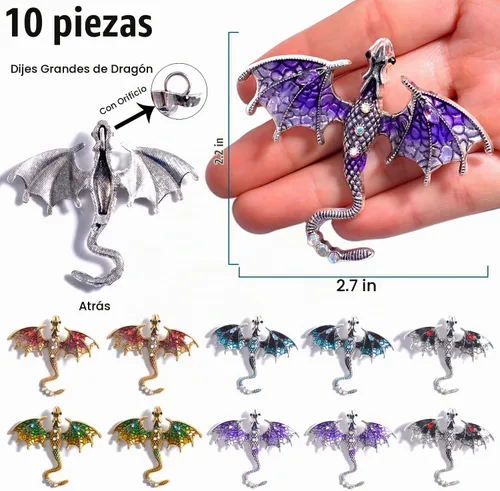 Vista 2 de stino Juego de 10 colgantes de dragón de metal 3D para collares y fabricación de joyas
