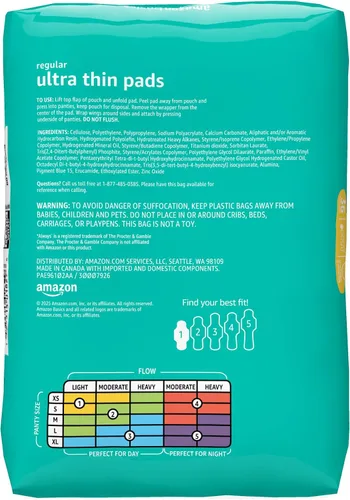 Vista 2 de Amazon Basics Almohadillas de absorción regular para mujer, ultra finas con alas flexibles, sin perfume, talla 1, 36 unidades, 1 paquete