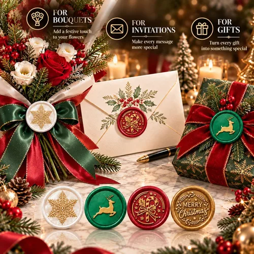 Vista 2 de SWANGSA - Juego de sellos de cera, estilo vintage, 4 cabezas con patrones navideños y 1 mango de madera para regalos de Navidad y Año Nuevo Dorado