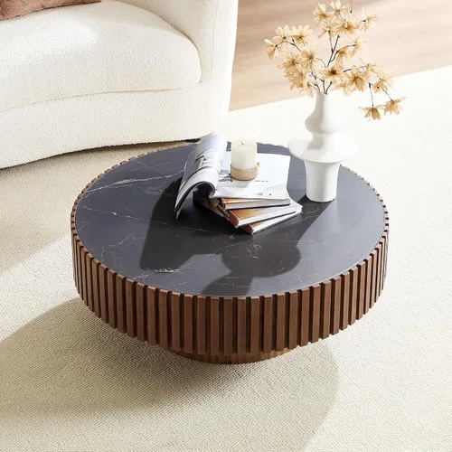 Vista 29 de Mesa de centro redonda de madera de 31.49 pulgadas con almacenamiento, mesa de centro circular acanalada de 2 niveles con tapa y estante para sala