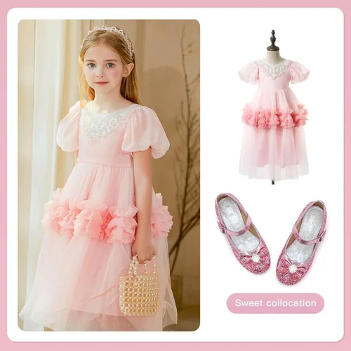 Vista 5 de Furdeour Zapatos de vestir para niñas, Mary Jane, boda, flores, damas de honor, tacones con purpurina, zapatos de princesa para niños pequeños