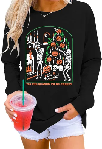 Vista 2 de YI XIANG RAN Sudadera de Halloween para mujer, diseño de esqueletos, estilo vintage, informal, holgada, cuello redondo, sin botones
