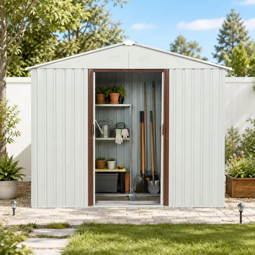 Vista 13 de Cobertizo de almacenamiento para exteriores de 6.23 x 4.3 pies con base de metal, puertas correderas y ventanas, protección solar, cobertizo de Gris