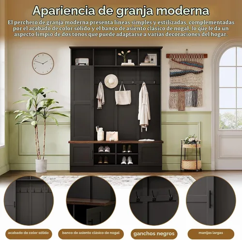 Vista 6 de Merax Árbol de pasillo de madera estilo granja con banco de zapatos y 2 cajones, perchero 4 en 1 con 6 ganchos para entrada, pasillo, área de Negro