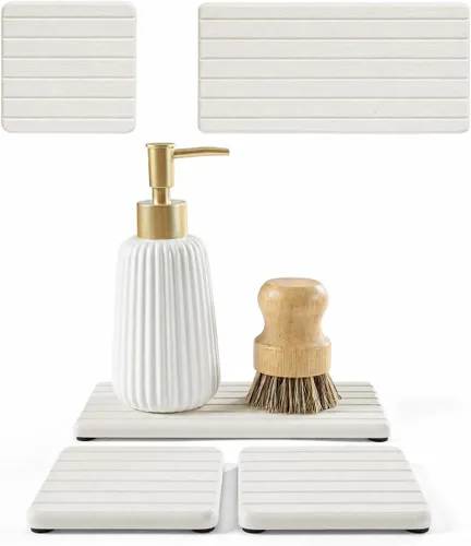 Vista 11 de Paquete de 2 bandejas de fregadero de piedra de diatomita, tapete de grifo absorbente de agua para encimera de cocina y baño, jabonera decorativa