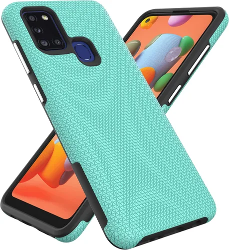Vista 8 de Funda para Samsung Galaxy A21S, doble capa, agarre mejorado, arañazos, textura rígida, botón independiente (negro)