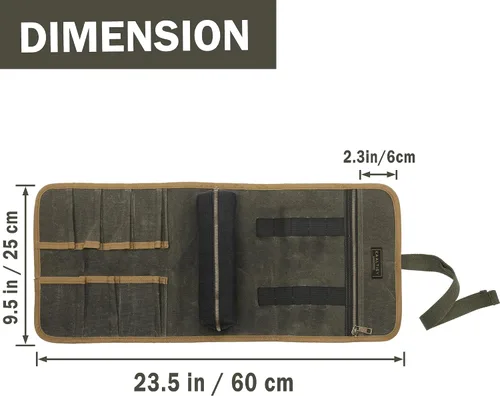 Vista 2 de Rollo de organización de herramientas, bolsa de lona encerada resistente de 16 onzas con 1 bolsa desmontable con cremallera y 7 ranuras para Verde