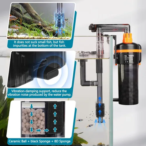 Vista 5 de hygger Filtro externo de acuario para colgar en la parte posterior, filtro silencioso para tanque de peces con filtración de 3 etapas, motor