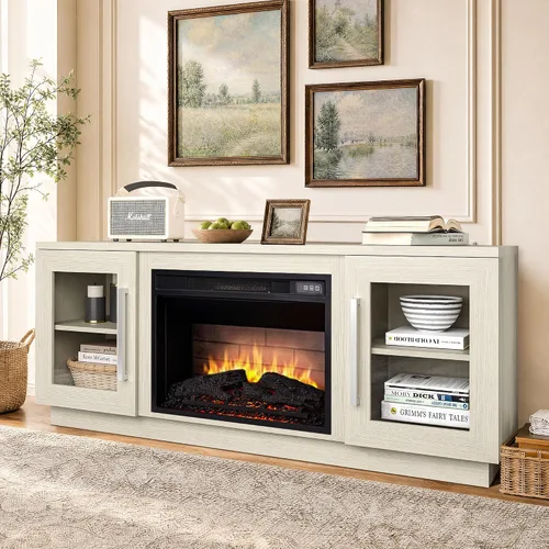 Vista 9 de Cheerway Soporte de TV con chimenea 3D para televisores de hasta 65 pulgadas, mesa de centro de entretenimiento multimedia de madera y gabinetes