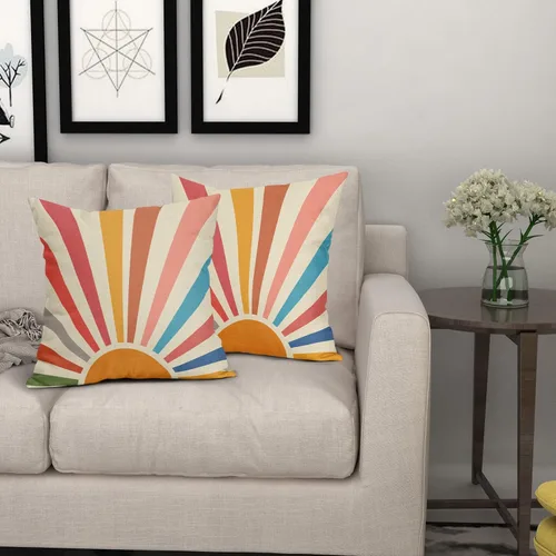 Vista 6 de Kawani Fundas de almohada de estilo bohemio con sol y atardecer 16x16, juego de 2 fundas de almohada decorativas de lino con arcoíris colorido