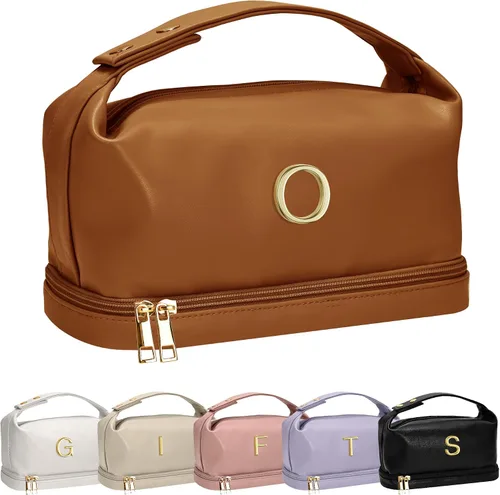 Vista 22 de Bolsa de maquillaje con asa, bolsa de cosméticos impermeable de doble capa, bolsas de maquillaje de cuero PU de gran capacidad con letra, bolsa
