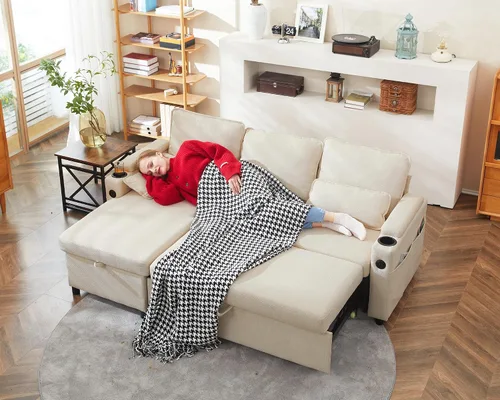 Vista 3 de Sofá cama extraíble 2 en 1 sofá cama seccional sofá en forma de L con almacenamiento Sofás convertibles para sala de estar, puertos de carga USB