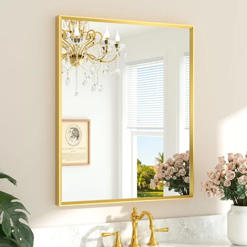 Vista 87 de TETOTE Espejo de baño dorado cepillado de 20" x 30", espejo de tocador de baño rectangular de latón dorado cepillado con marco biselado para sobre