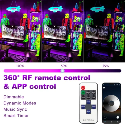 Vista 4 de Tira LED de luz negra de 41 pies, control de aplicación, fiesta brillante con control remoto, luz negra morada, luz UV para decoración de Halloween