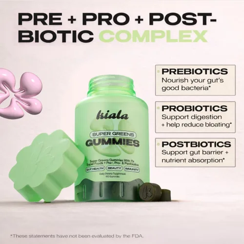 Vista 5 de Kiala Nutrition Super Greens Gomitas con 11x Verduras Orgánicas, Pre, Post y Probióticos, Antioxidantes Suplemento de Fibra Gomosa Superalimento