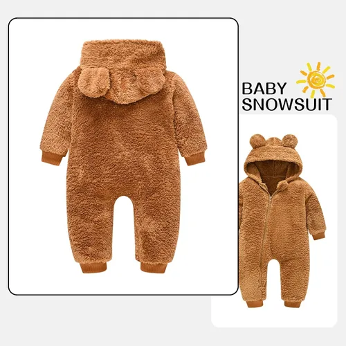 Vista 2 de Overol de forro polar para bebé, traje de nieve con orejas de oso para recién nacido, abrigo cálido