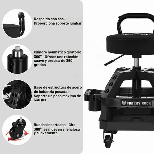 Vista 8 de Taburete rodante de taller con ruedas, taburete mecánico de trabajo de garaje resistente con respaldo, altura ajustable, silla giratoria de 360°