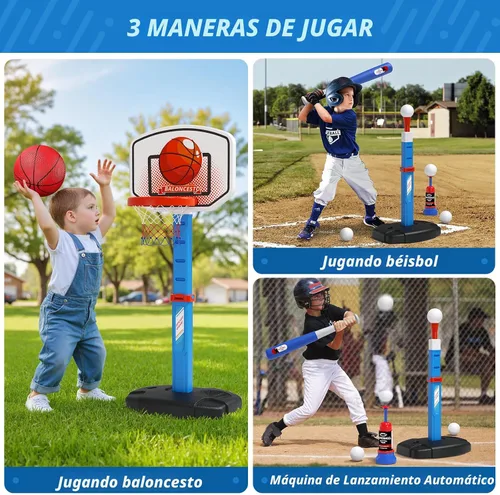 Vista 2 de HYES Juego de aro de baloncesto 2 en 1 y pelota en T para niños, altura ajustable, tee de béisbol para niños con máquina de lanzamiento automática