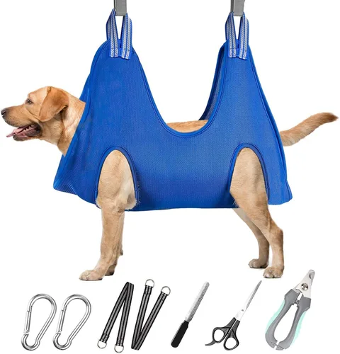 Vista 8 de Hamaca de aseo para mascotas para perros y gatos pequeños – Eslinga para recortar uñas con cortaúñas, lima de uñas y tijeras – Arnés de aseo