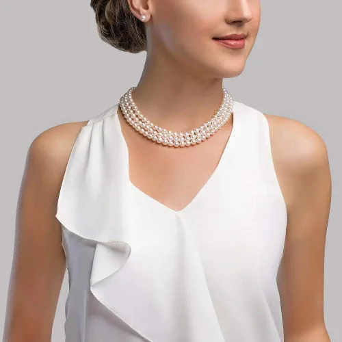 Vista 3 de Blanco Triple Strand Collar De Perlas Cultivadas De Agua Dulce, 181920" longitudCalidad AAAA