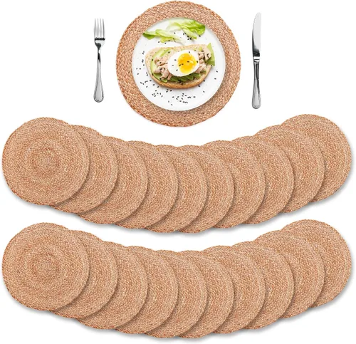 Vista 15 de Eco Crave - Juego de 2 manteles individuales redondos tejidos de yute, natural, 33 cm, estilo boho, rústico, de granja, tejido a mano