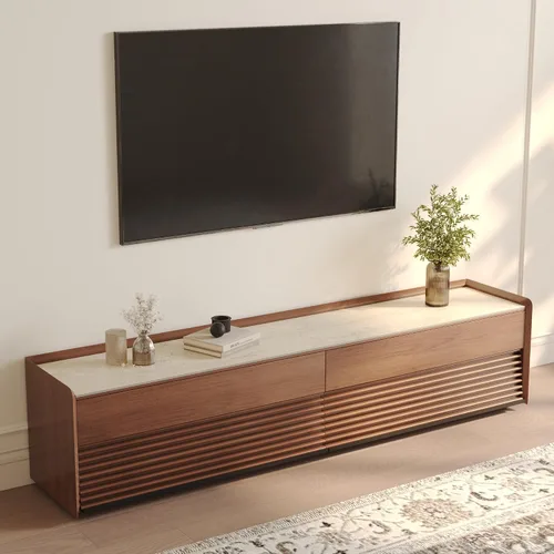 Vista 8 de POVISON Soporte de TV completamente ensamblado de mediados de siglo de piedra sinterizada mate, consola multimedia de madera de 70.87" con luz LED