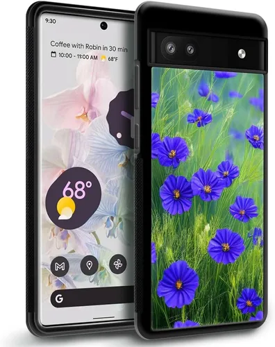 Vista 2 de CARLOCA Funda compatible con Google Pixel 6A, patrón de hierba de flores azules, ultra protección, a prueba de golpes, silicona suave, TPU