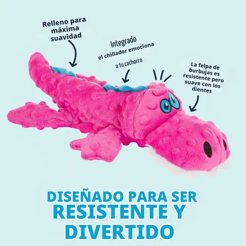 Vista 2 de goDog, juguete para perro de tejido suave, forma de caimán, con tecnología a prueba de mordiscos., L, Rosado Rosa caimán