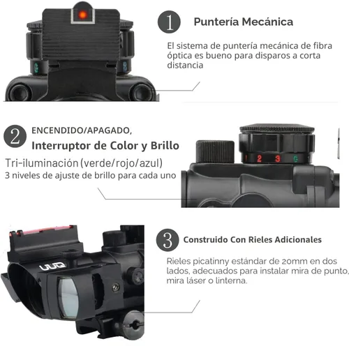 Vista 5 de UUQ Prism 4x32 Red/Green/Blue Triple Illuminated Rapid Range Reticle Rifle Scope W/Top Fiber Optic Sight and Weaver Slots