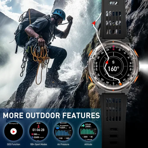 Vista 2 de Relojes inteligentes militares para hombres con linterna LED, reloj inteligente táctico resistente con 1.45 pulgadas HD, 3ATM impermeable y brújula