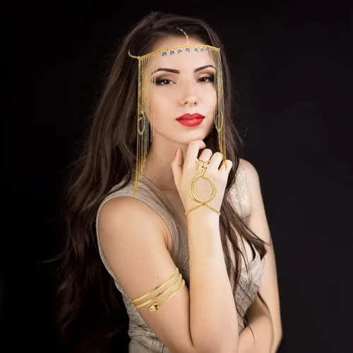 Vista 7 de 5 piezas de tocado egipcio para mujer, disfraz de estilo egipcio, accesorios de joyería para mujer, brazalete de brazo para mujer, cadena de cabeza