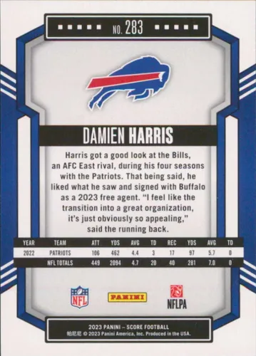 Vista 2 de 2023 Score #283 Damien Harris Buffalo Bills NFL Football Trading Card