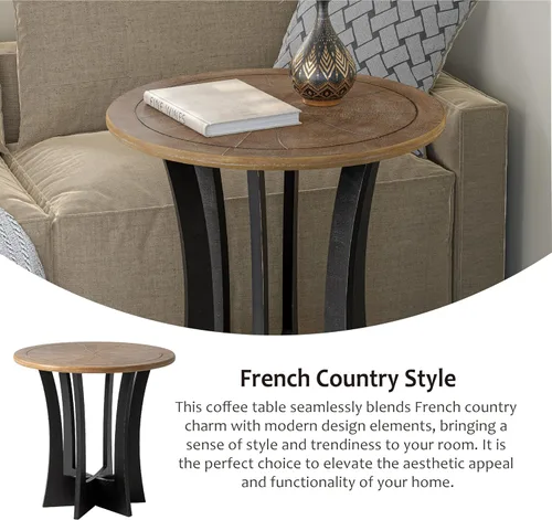 Vista 5 de COZAYH Mesa auxiliar redonda de granja X 2P con patas de madera entrecruzadas, mesa auxiliar rústica francesa para comedor o sala de estar, moderna