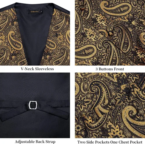 Vista 5 de DiBanGu Conjunto de chaleco de traje de cachemira y corbata preatada para Dorado y Negro
