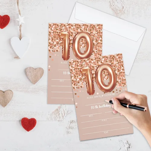 Vista 3 de Tarjetas de invitación de cumpleaños número 10, invitaciones de fiesta de cumpleaños número 10 con purpurina de oro rosa, suministros de decoración
