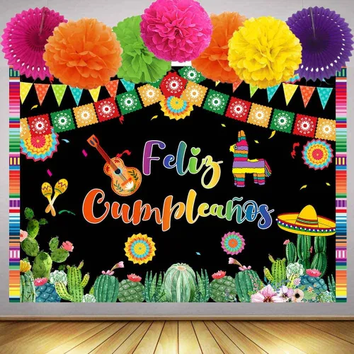 Vista 4 de Telón de fondo de Feliz Cumpleaños, fiesta mexicana, decoración de fiesta de feliz cumpleaños, Cinco de Mayo, Taco, carnaval, fotografía, fondo