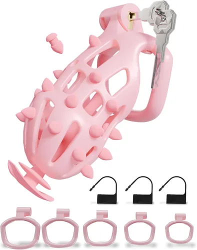 Vista 10 de Cobra Chastity Cage for Men, Invisible Lock, 5 Ball Rings (Pink, XS) Spiked cobra design, lightweight 3D printed open structure, breathable